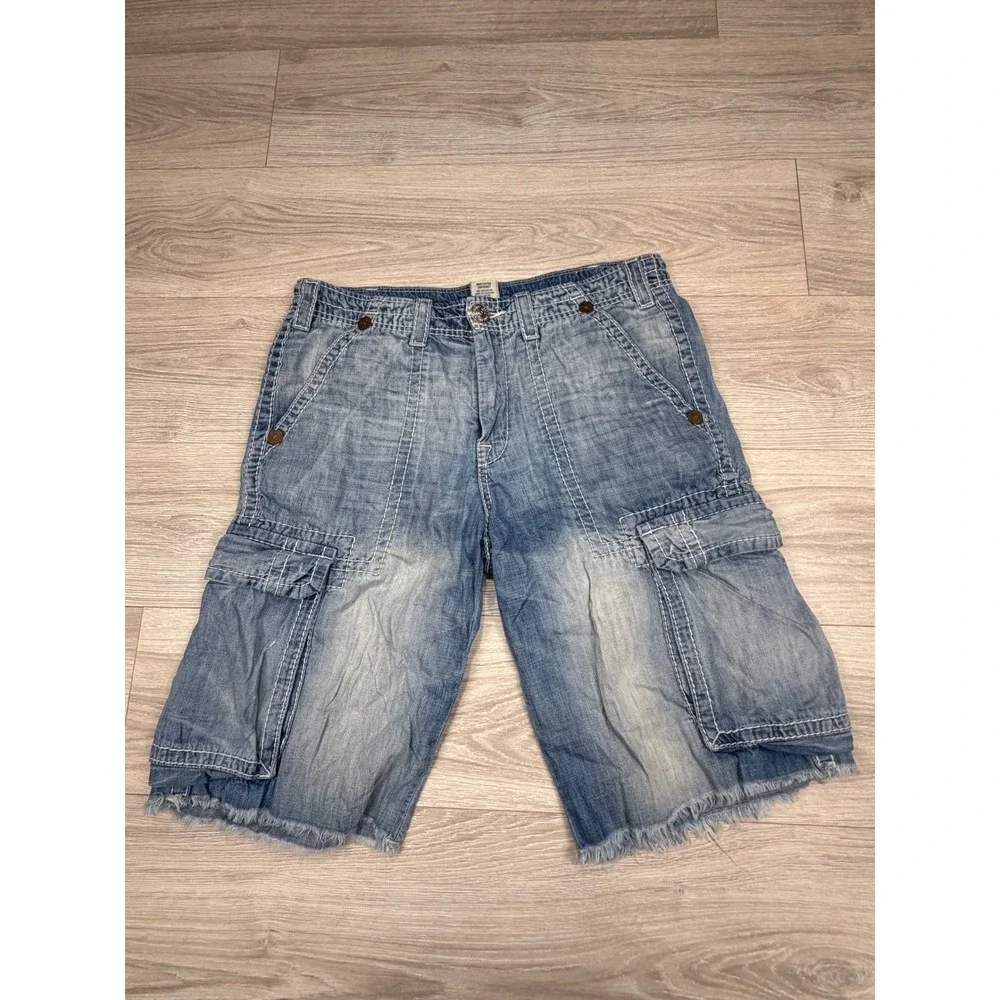 True Religion Isaac Mens Cargo Shorts Size 33 Blue Denim Contrast Stitch Frayed